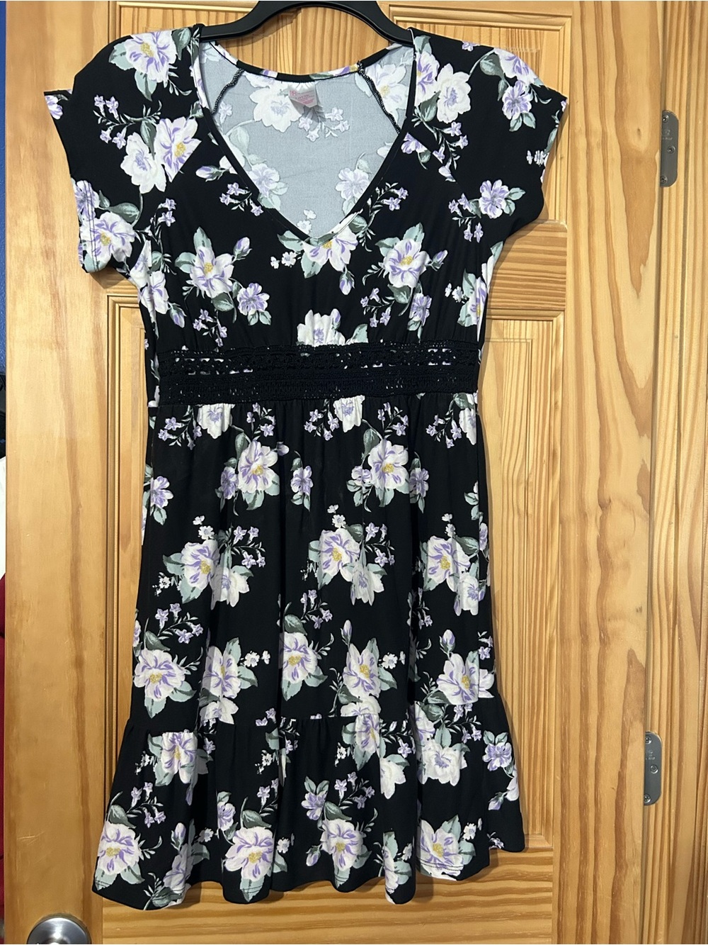 No Boundaries Black Floral V‑Neck Casual Dress with Lavender Blooms